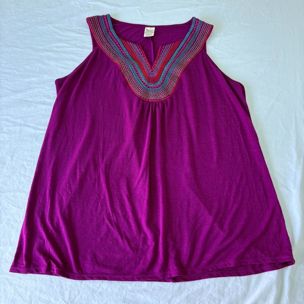 Faded‎ Glory Berry Bright Pink Neck Embroidered Bohemian Sleeveless Top Size 2X